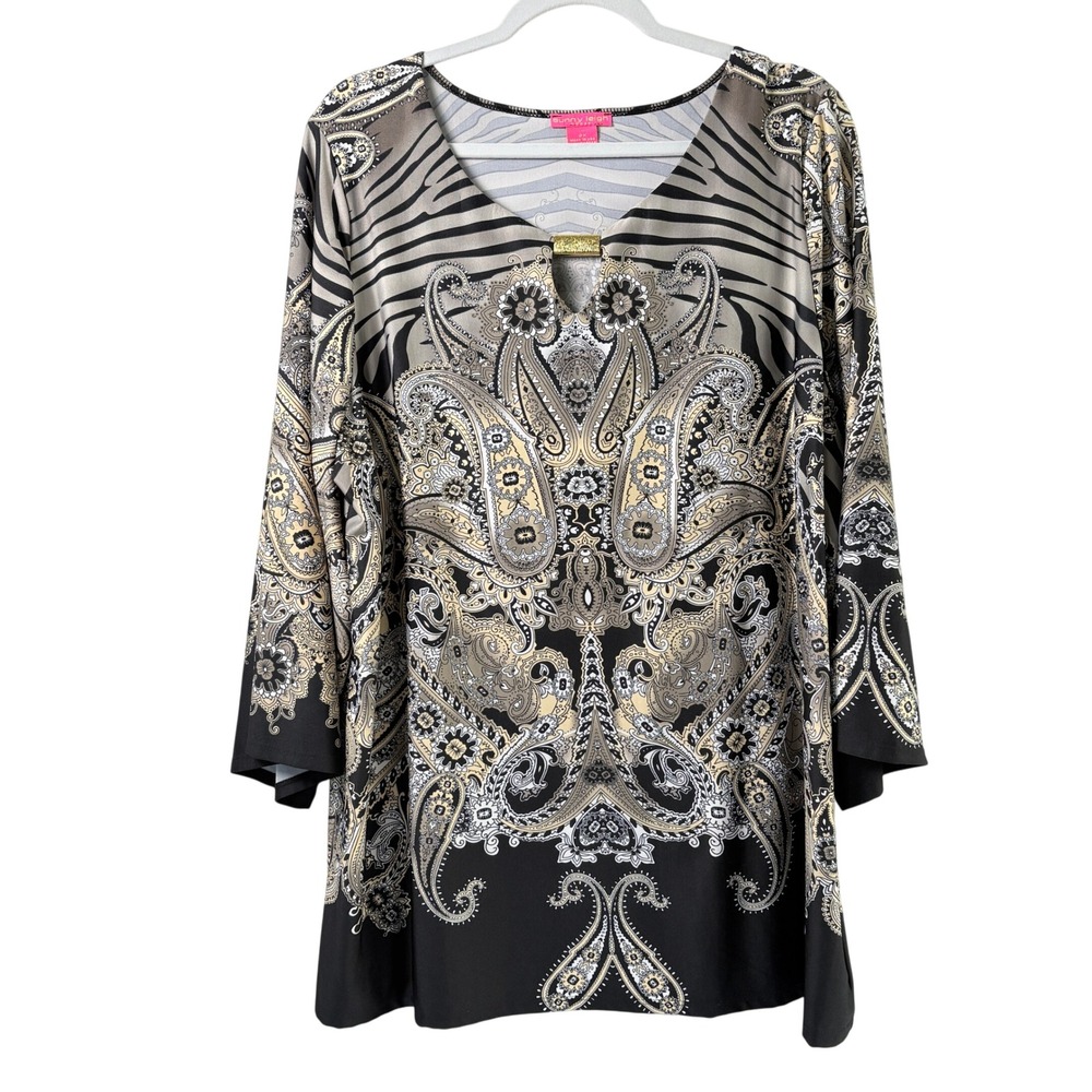 Sunny Leigh Blouse Womens 2X Black Tan Paisley Zebra 3/4 Sleeve Top